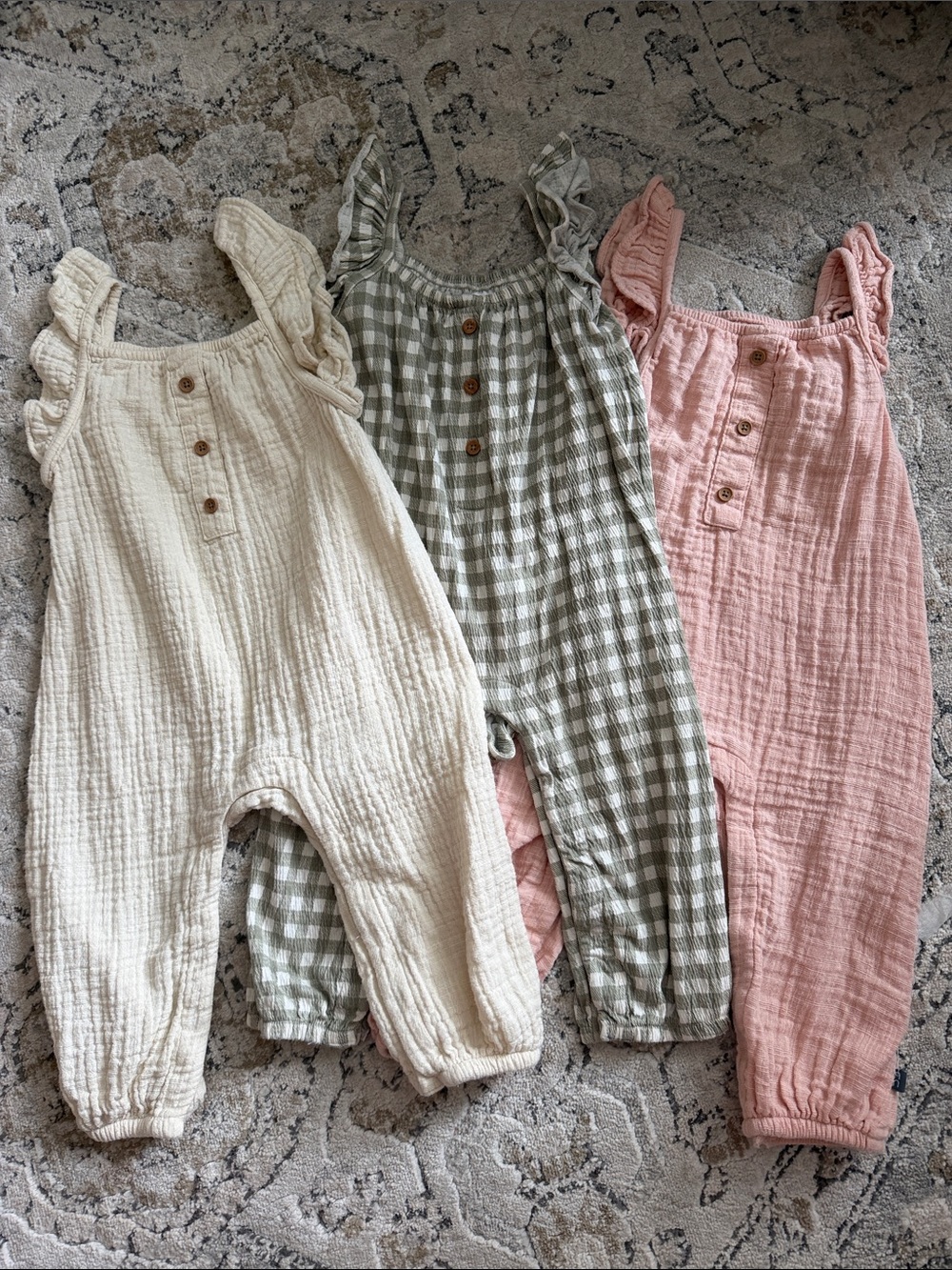 3– Soft Gauze Ruffled Straps Baby One-Piece Romper - Cream, Sage Gingham, Pink